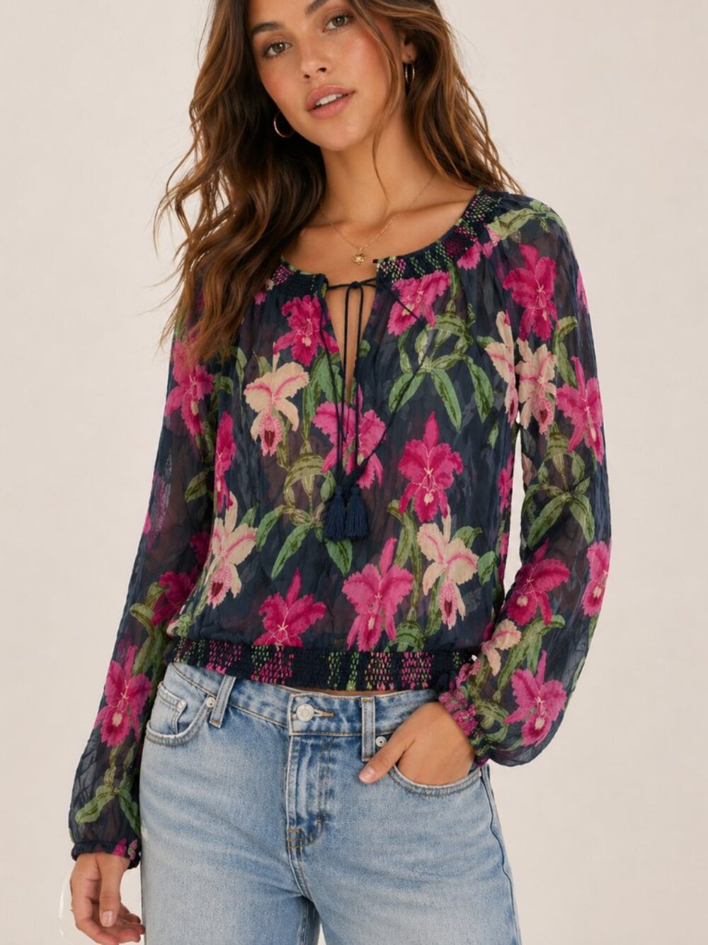 Lucky Brand Sheer Silk Peasant Top Sz S Tropical Floral Boho Blue Pink